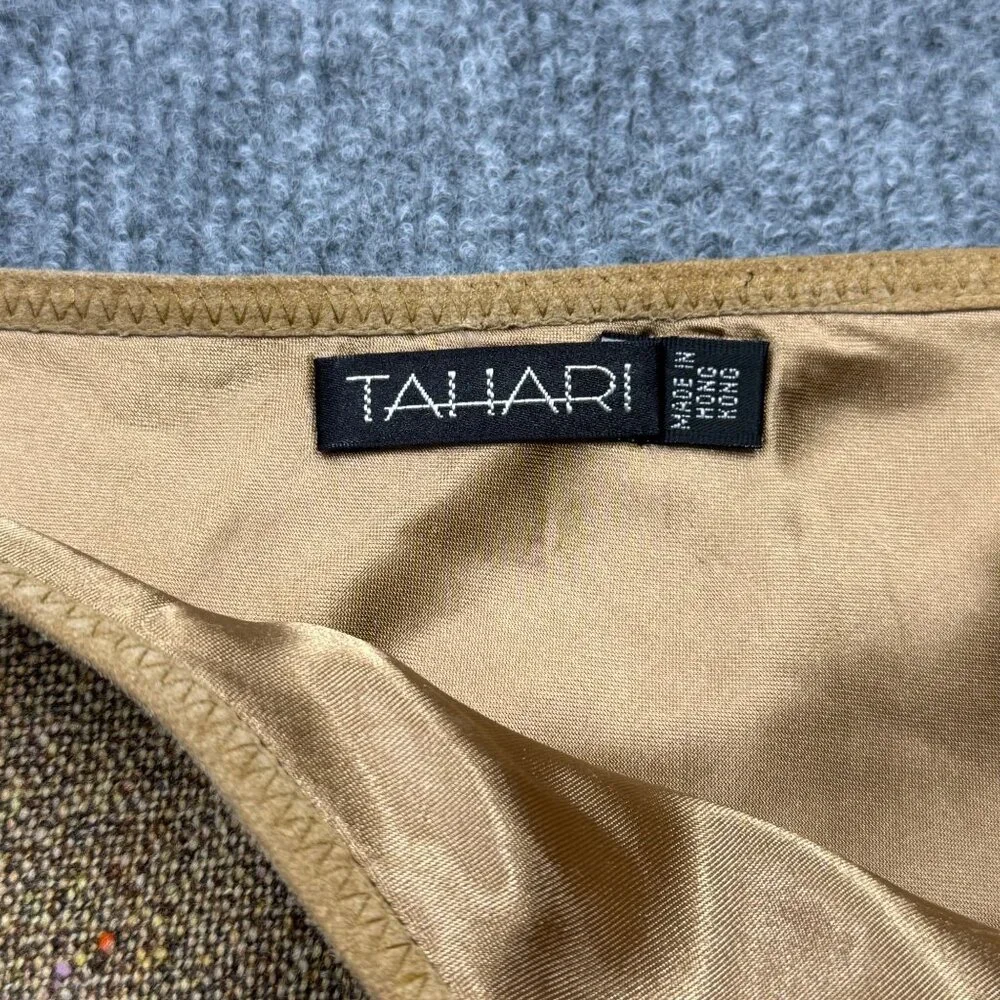 VTG 90s NEW Tahari Tweed Wool Blend Skirt Fur Hem Pepple Accents Camel Boho Chic